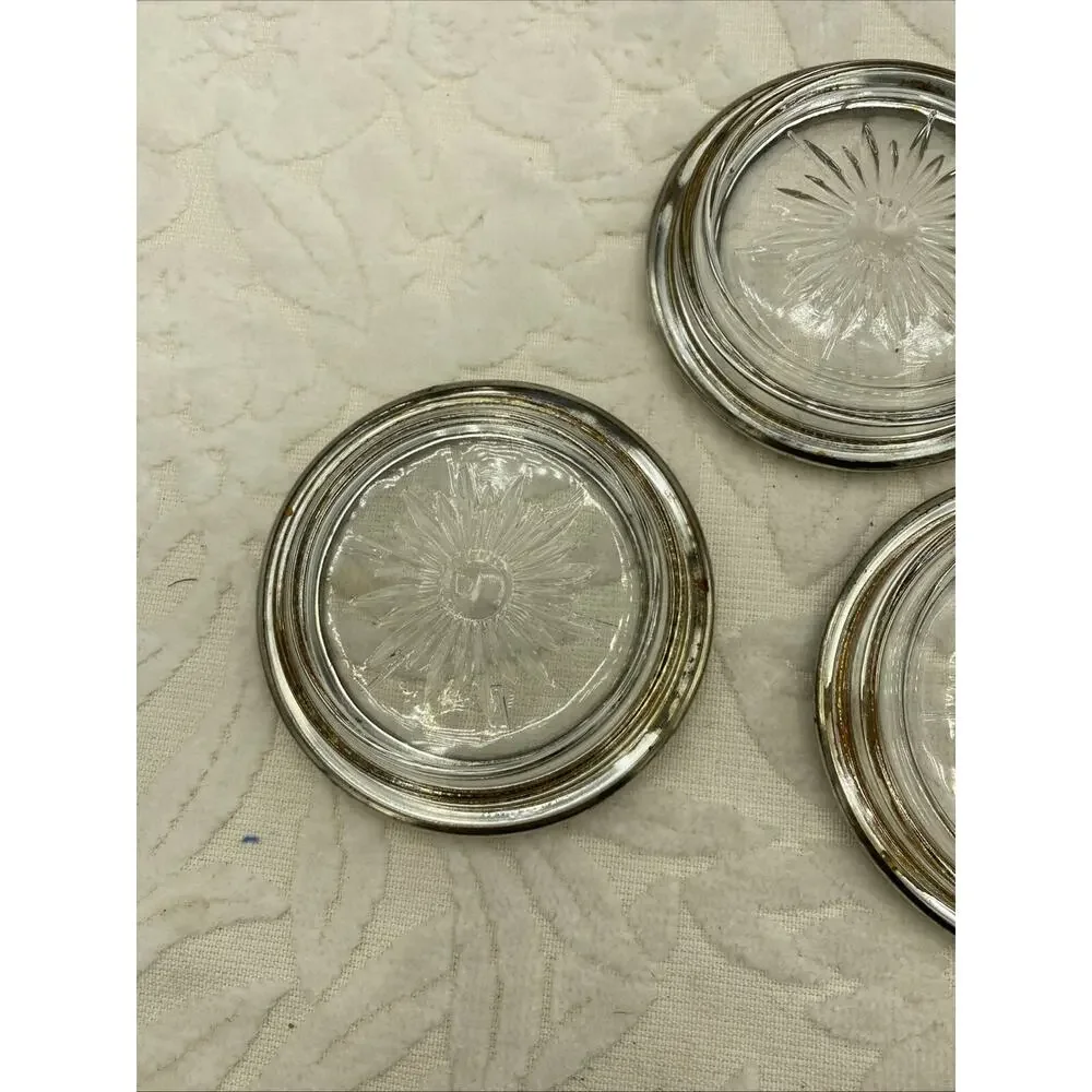 Vintage Leonard Silver Plated Coasters (3) Crystal Glass Sunburst 3.75” Diameter